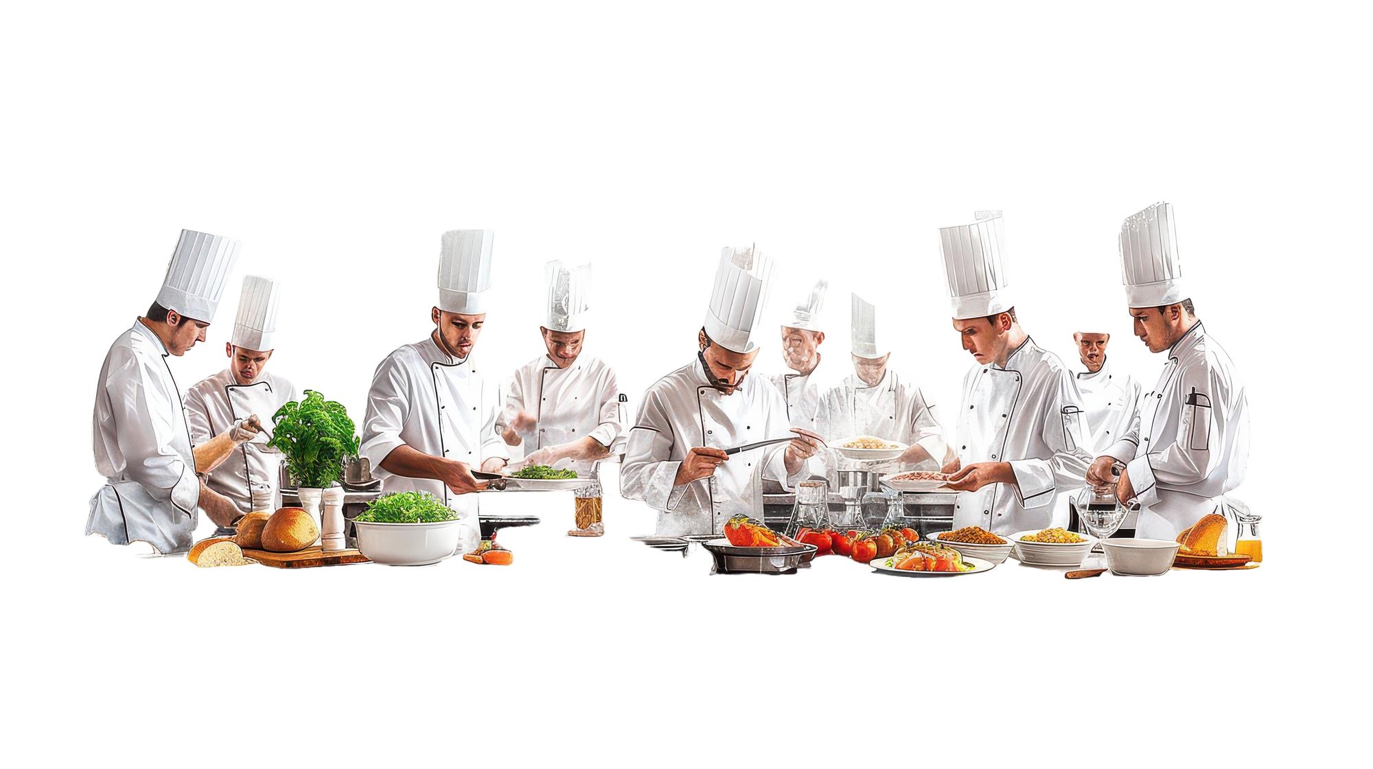 Chefs working at bench during class